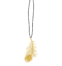 Metal feather, golden w/leather string