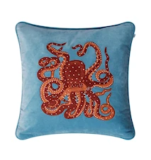 Embroidered Kuddfodral Octopus Himmelsblå/Orange/Rose 50x50cm