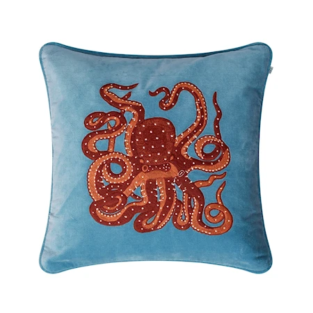 Embroidered Kuddfodral Octopus Himmelsblå/Orange/Rose 50x50cm