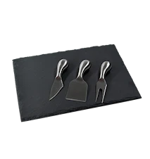 Ostbricka med 3 knivar och skifferbräda