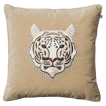 Embroidered Kuddfodral Tiger Velvet Beige 50x50cm