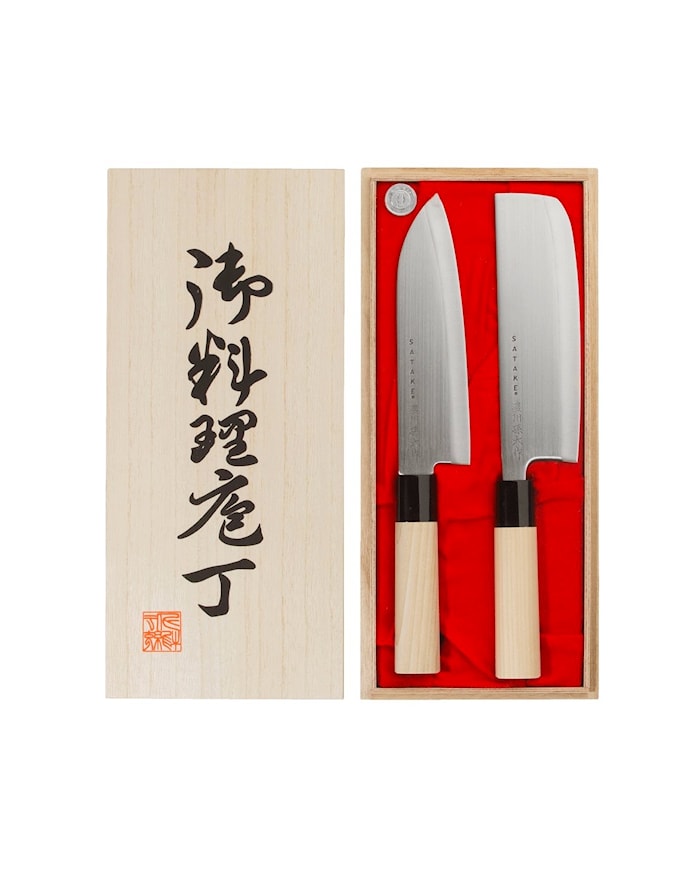 Set coltelli Houcho due pezzi Santoku e tritaverdure in scatola di balsa