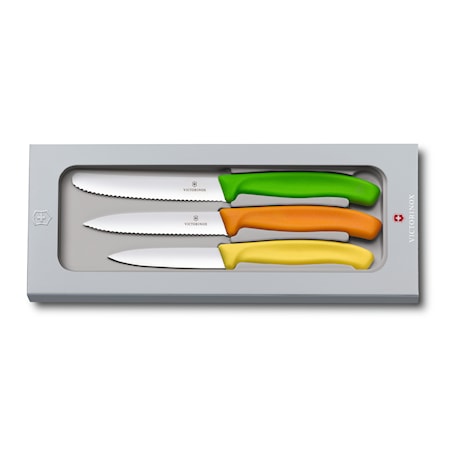 Skallknivsett, SwissClassic, 3 kniver med fargede håndtak