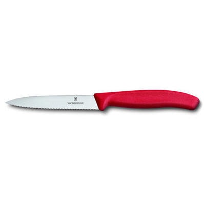 grønsak- & skrællekniv 10 cm rødt håndtag, bølgeig & rund spets