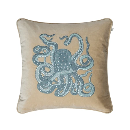 Embroidered Kuddfodral Octopus Beige/Aqua 50x50cm