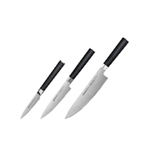 MO-V Chefs Essential Knife Set: Vihannesveitsi + Yleisveitsi + Kokkiveitsi