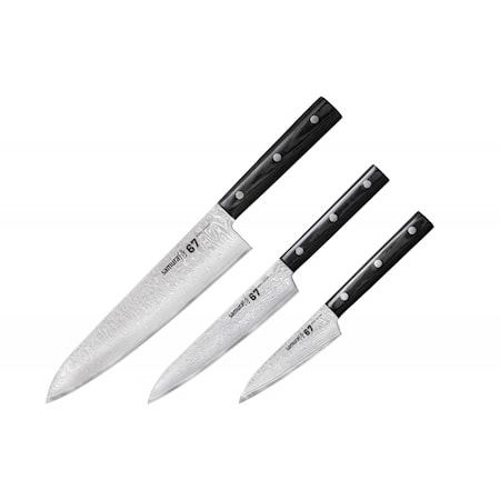 DAMASCUS 67 Chef's Starter Knife Set: Groentemes + Allroundmes + Koksmes