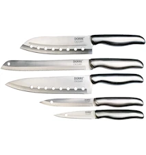 Knivsæt i stål 5 knive med trækasse