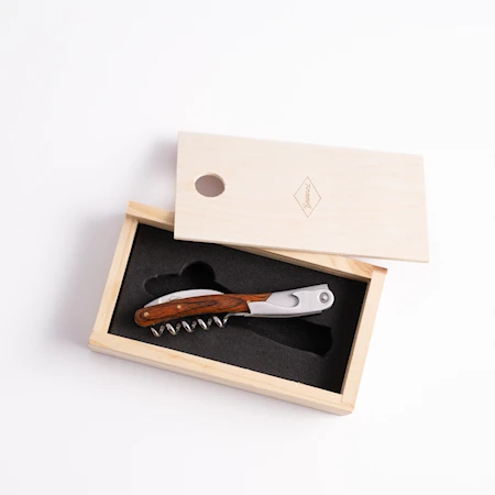 Corkscrew with wooden handle and wooden box