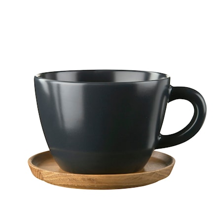 Taza de té gris grafito con Platito de madera 50cl
