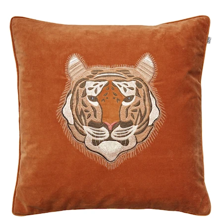 Embroidered Kuddfodral Tiger Velvet Orange 50x50cm