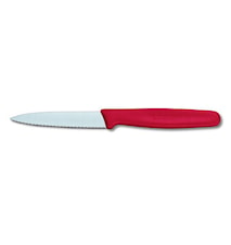 Skrællekniv, 8 cm spids, bølgeig med rødt nylonhåndtag