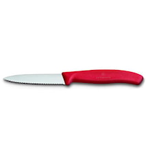 Grønnsaks- & skallkniv 8 cm rødt håndtak, bølget & spiss