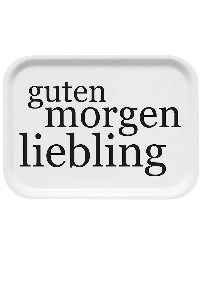 Aamiaistarjotin tekstillä "Guten morgen liebling " 27 x 20 cm
