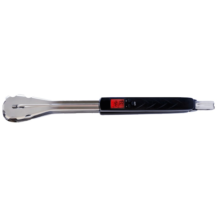 Grill tongs with integrated thermometer